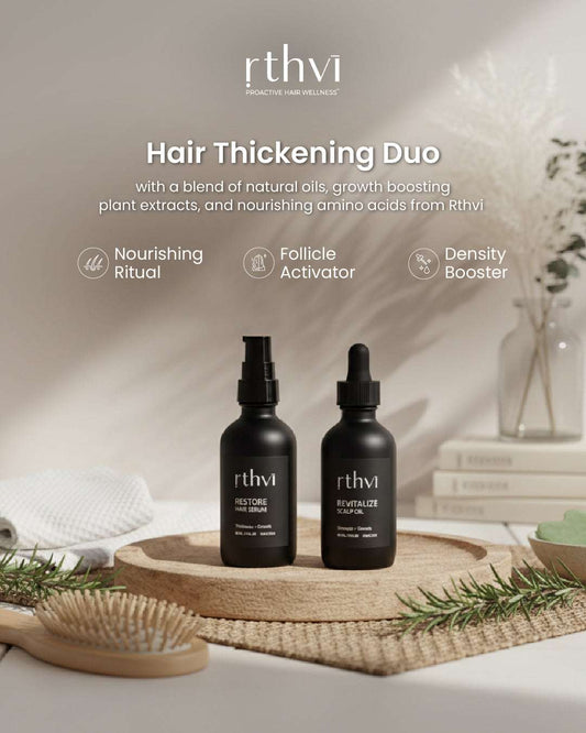 Hair Thickening duo with a blend of natural oils, growth-boosting plant extracts, and nourishing amino acids from Rthvi